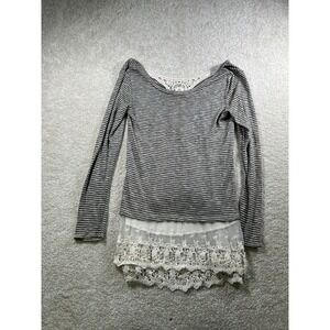 Jolt Sweater Womens Small Gray Striped Long Sleeve Lace Trim‎ Crochet Boho Top